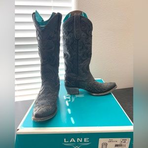 Lane Boots Robin Navy Blue Hand Tooled-Size 7